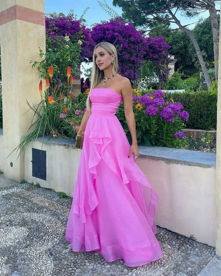 Vintage Hot Pink Strapless Long Prom Dress A-Line Ruffle Formal Dress TP4604