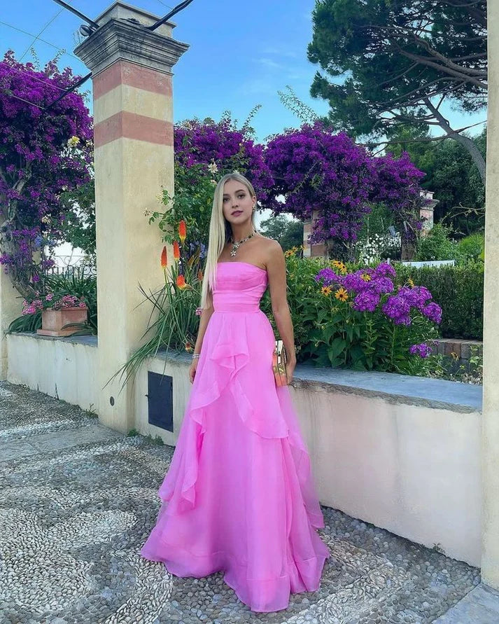 Vintage Hot Pink Strapless Long Prom Dress A-Line Ruffle Formal Dress TP4604