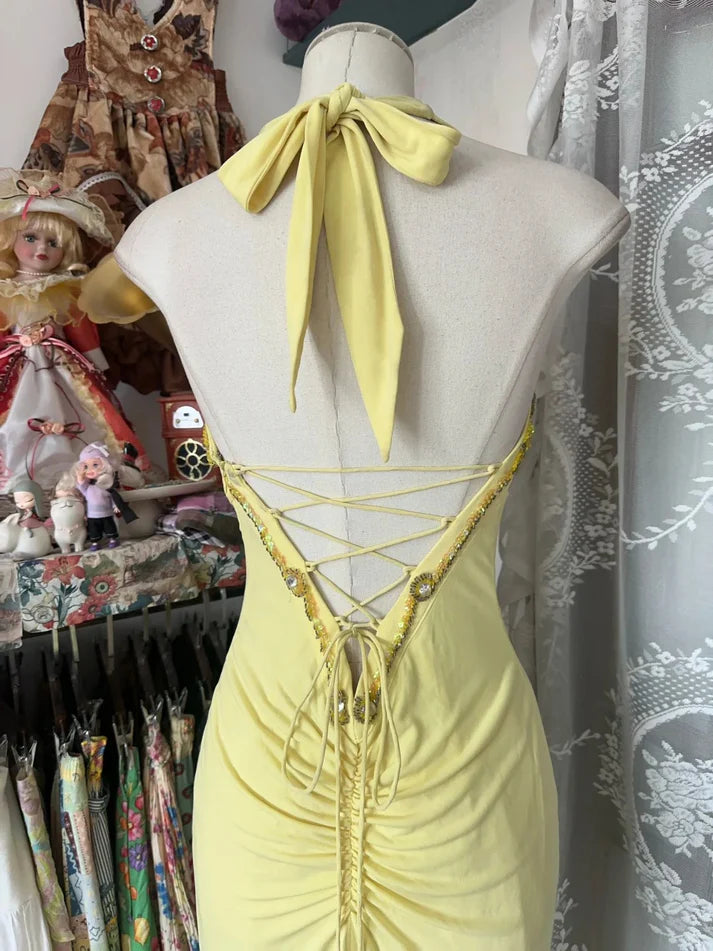 Vintage Yellow Beaded Sweetheart Prom Dress Embroidery Evening Dress Long Mermaid Halter-neck Formal Dress TP4620
