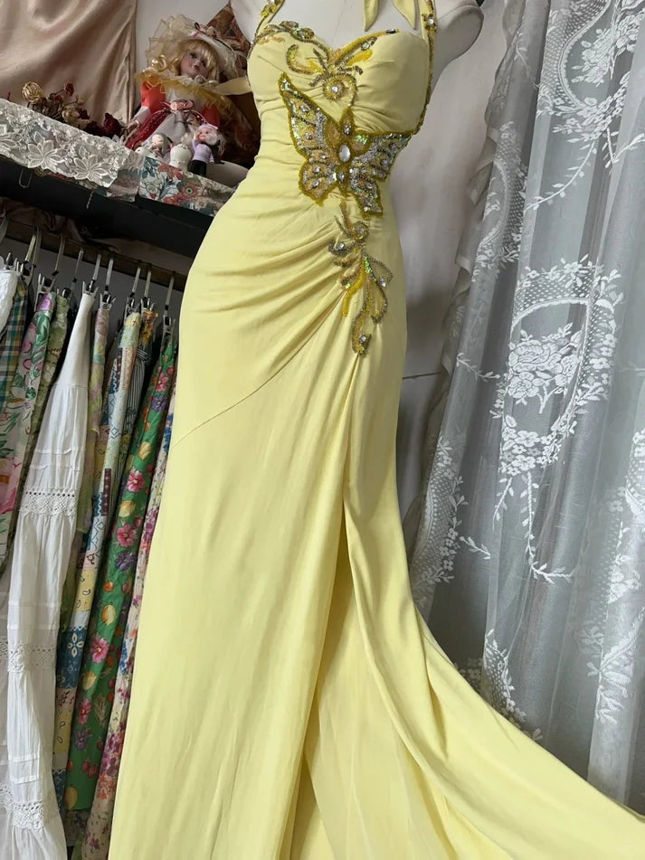 Vintage Yellow Beaded Sweetheart Prom Dress Embroidery Evening Dress Long Mermaid Halter-neck Formal Dress TP4620