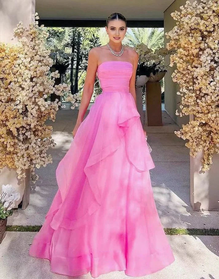 Vintage Hot Pink Strapless Long Prom Dress A-Line Ruffle Formal Dress TP4604