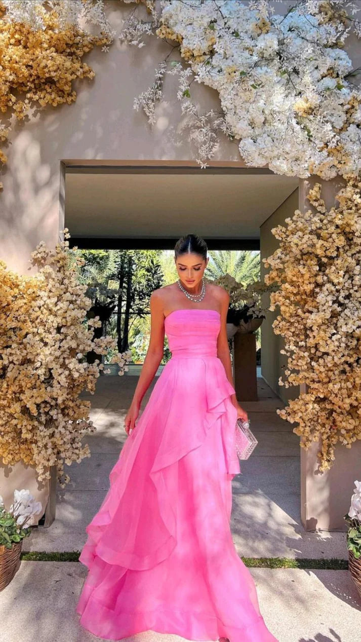 Vintage Hot Pink Strapless Long Prom Dress A-Line Ruffle Formal Dress TP4604