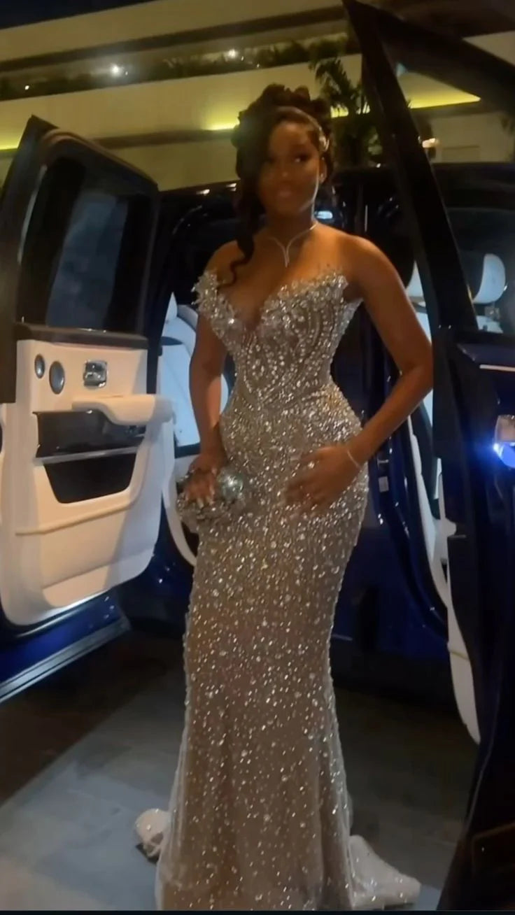 Vintage Silver-gray Beaded Strapless Long Prom Dress Mermaid Formal Dress TP4601