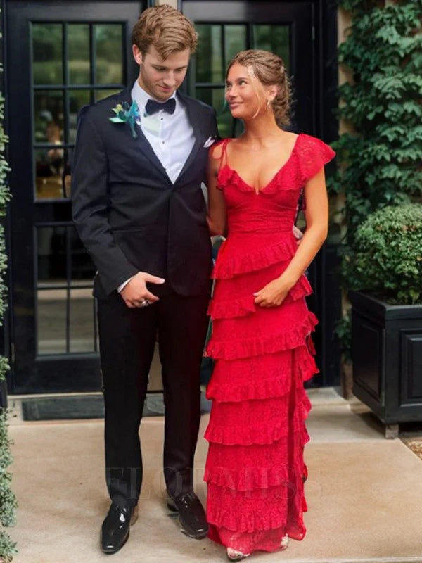 Vintage Red V-neck Long Prom Dress Sheath Tiered High Slit Formal Dress TP4605