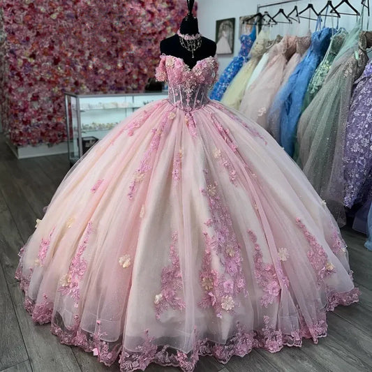 Gorgeous Pink Sweetheart Applique Beaded Sweet 16 Quinceanera A-Line Tulle Floor-length Prom Dress Birthday Dress Evening Dress Ball Gown TP4407