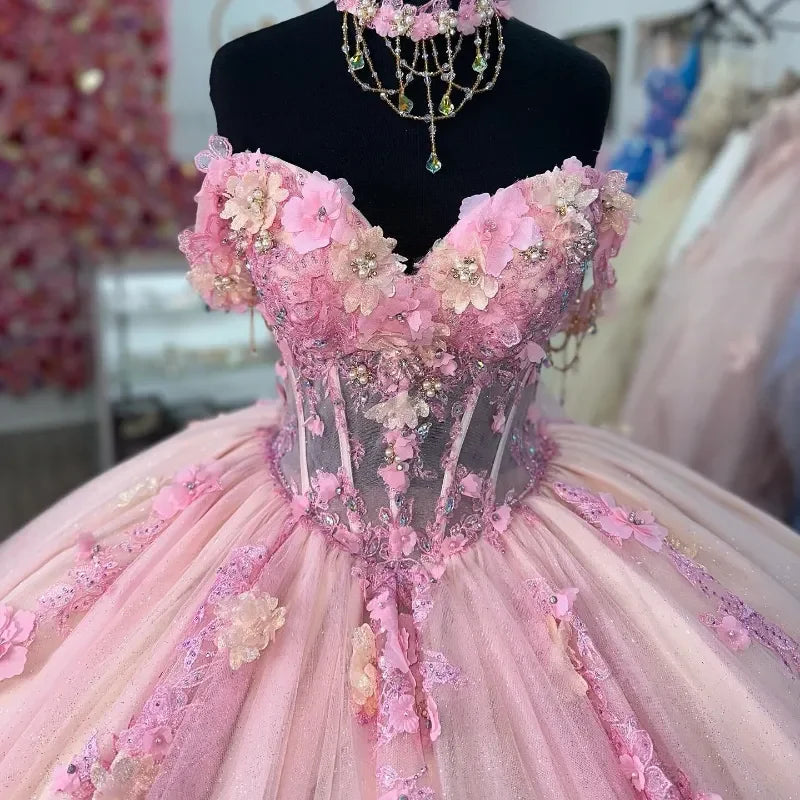 Gorgeous Pink Sweetheart Applique Beaded Sweet 16 Quinceanera A-Line Tulle Floor-length Prom Dress Birthday Dress Evening Dress Ball Gown TP4407