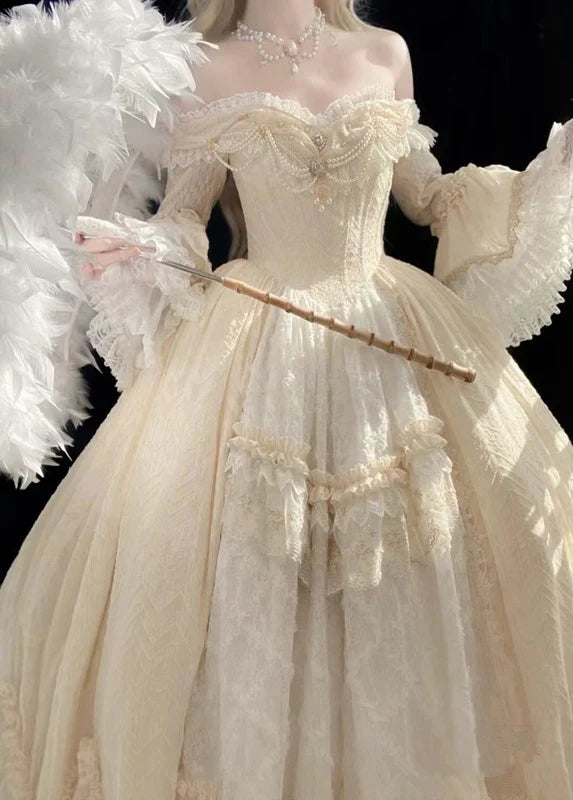 Gorgeous Ivory Sweetheart Lace Off-the-shoulder Long-sleeve A-Line Wedding Dress Ball Gown Prom Dress Evening Dress TP4593