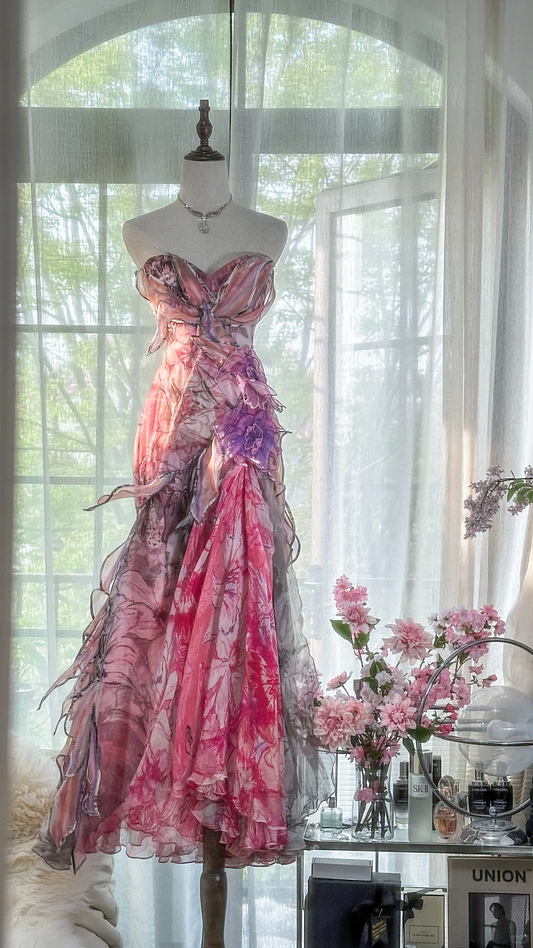 Vintage Floral Sweetheart Strapless Design A-line Romantic Chiffon Evening Dress Prom Dress TP4009