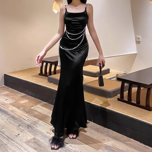 Gorgeous Black Spaghetti Strap Waist Chain Mermaid Long Prom Dress Evening Dress TP4355