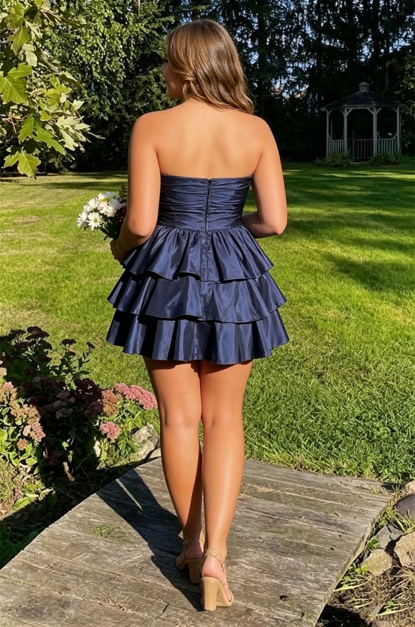 Vintage Navy Blue Satin Strapless Sweetheart Tiered Ruffle A-Line Homecoming Dress TP6004