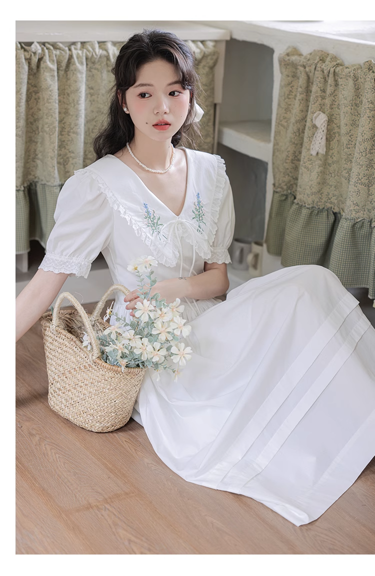 Simple Elegant Floral Design Short Sleeves Women Long Dress TP3064