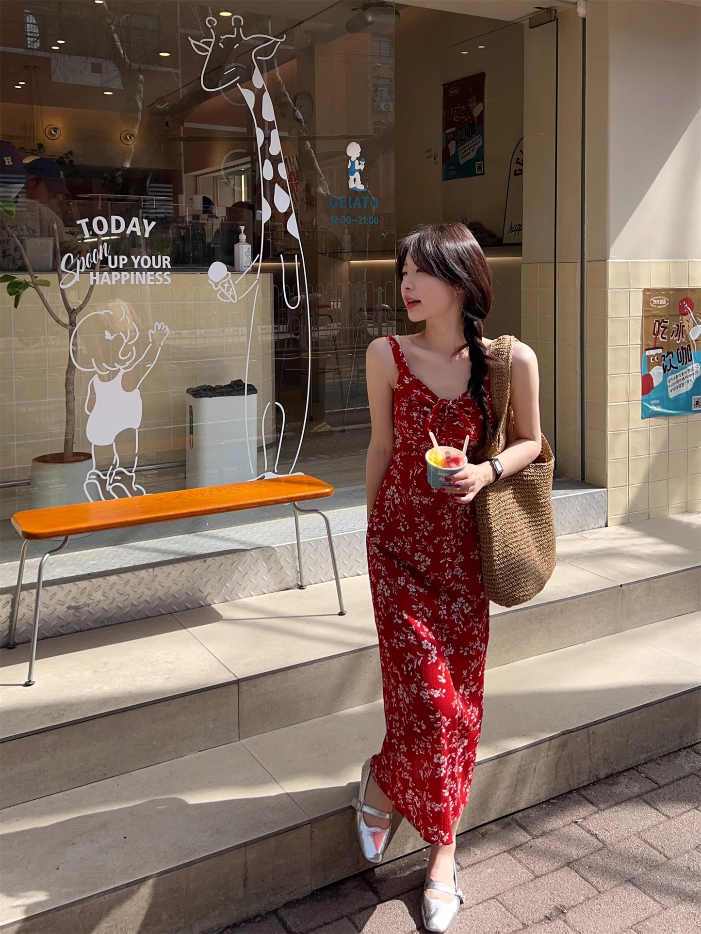 New Fashion Red Floral Design A-line Beach Holiday Spaghetti Strap Dress TP3383