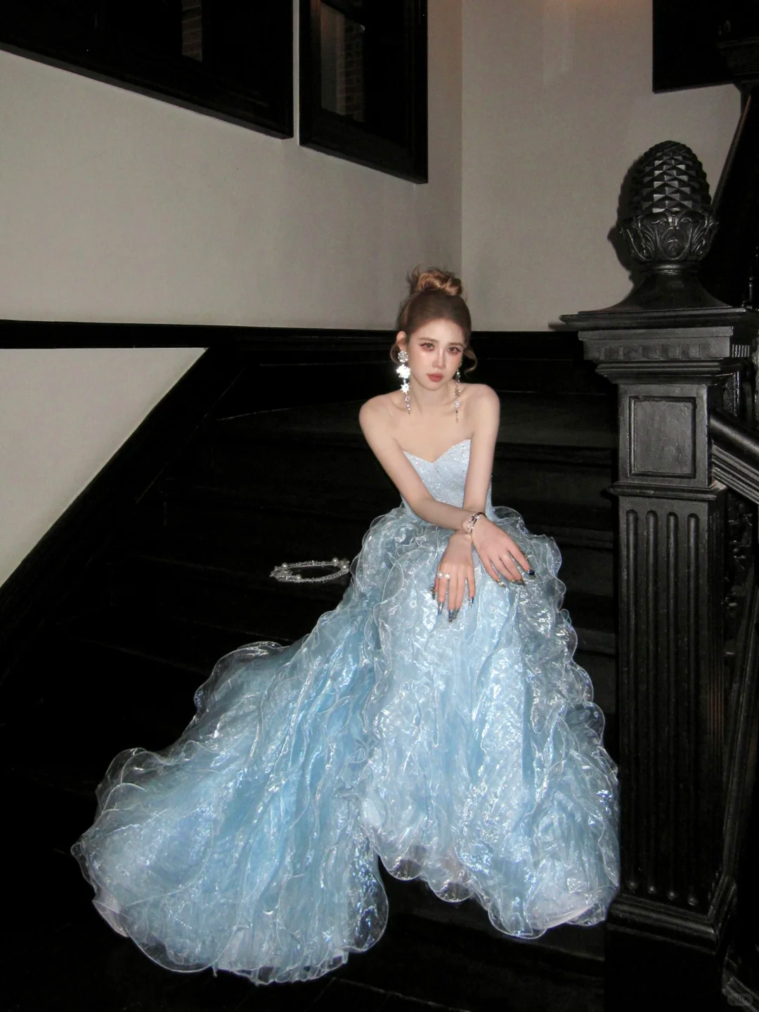 Gorgeous Shiny Light Blue Strapless Design A-Line Tulle Wedding Dress Prom Dress Evening Dress TP4235