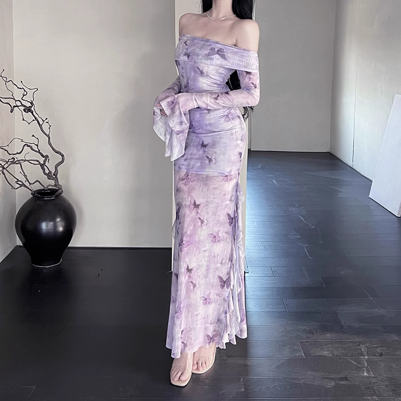 Women Elegant Mesh Butterfly Print Lavender Slim Long-sleeved Dress TP2899