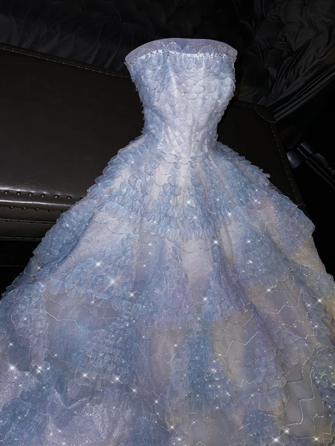 Glamorous Pastel Blue Ombre Strapless Ruffled Tulle Sparkle Sequin Formal Evening Gown TP5398