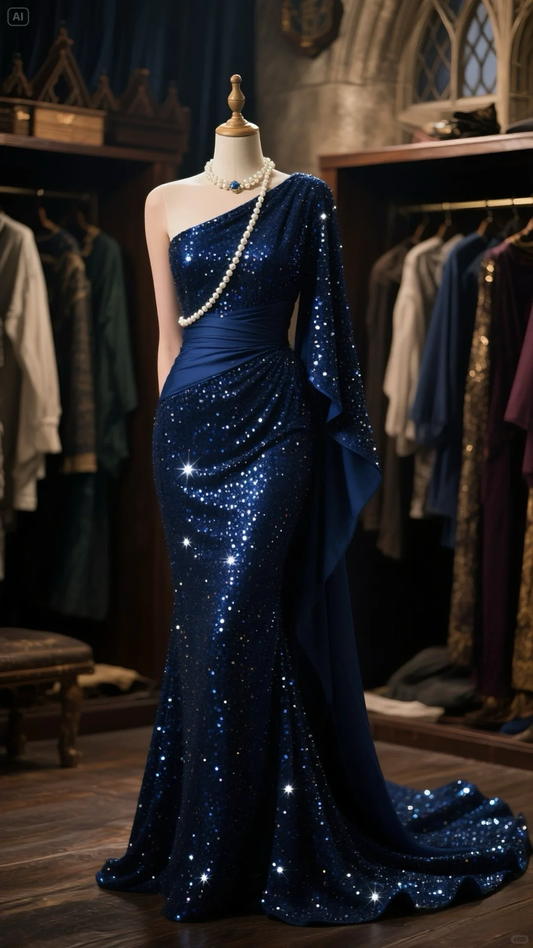 Vintage Royal Blue Sequin Evening Gown One-shoulder Party Dress Long Formal Dress TP4985