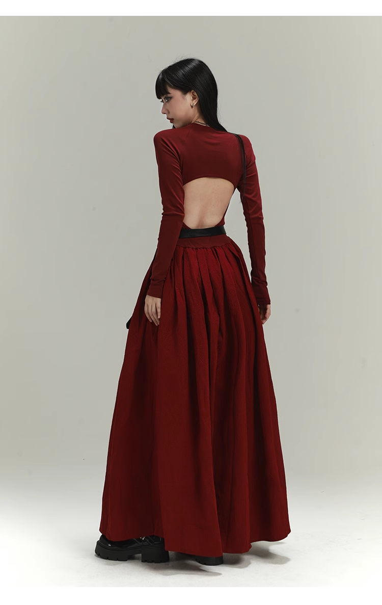 Vintage Elegant Simple Backless Red Long-sleeved Dress TP2917