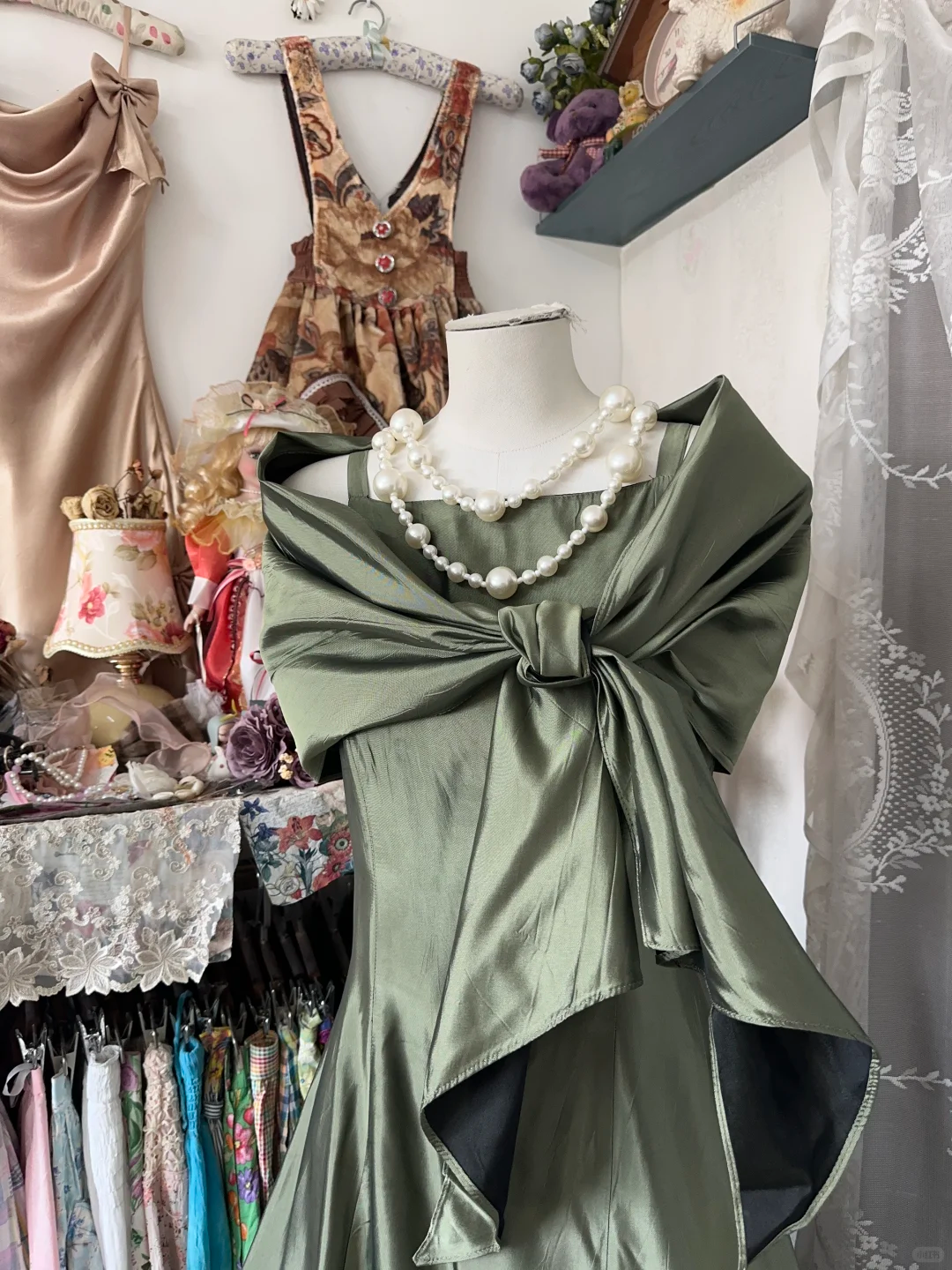 Vintage Green Satin Shawl Design Elegant A-line Long Evening Dress Prom Dresses TP4204