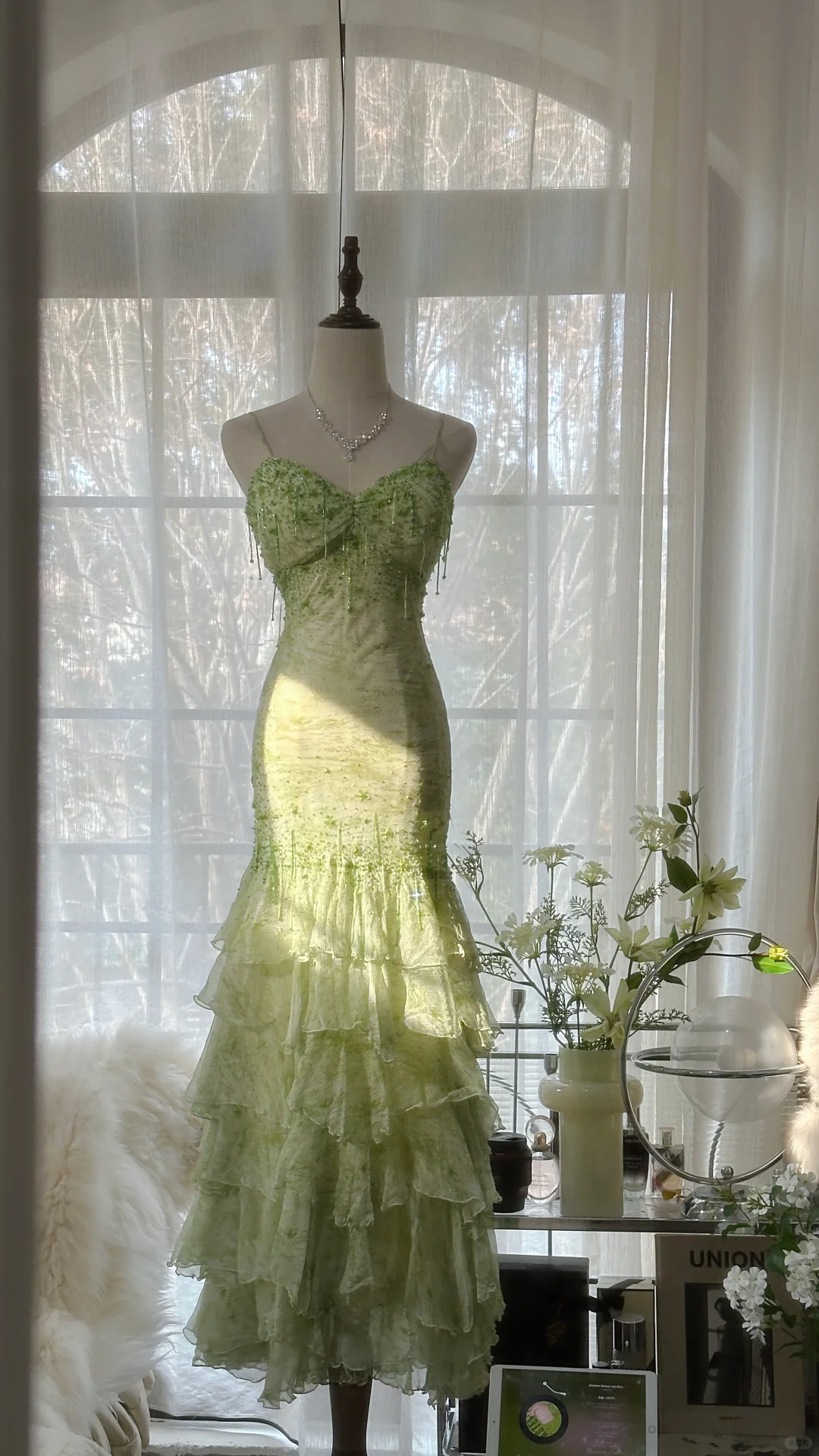 Elegant Green Fairy Mermaid Long Chiffon Spaghetti Strap Ball Gown Evening Dress Prom Dresses TP3967