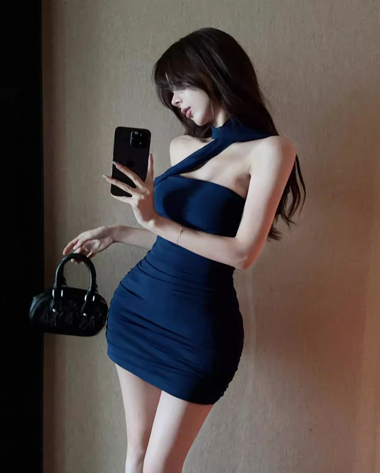 Sexy Fashion Navy Blue Backless Slim Halter Dress TP2980