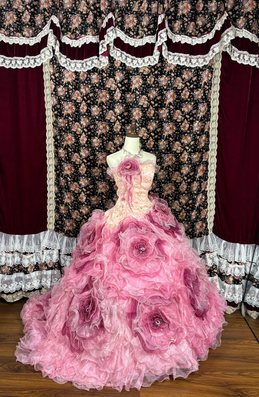 Pink 3D Flower Tulle Beaded Quinceanera Dress Evening Ball Gown TP4268