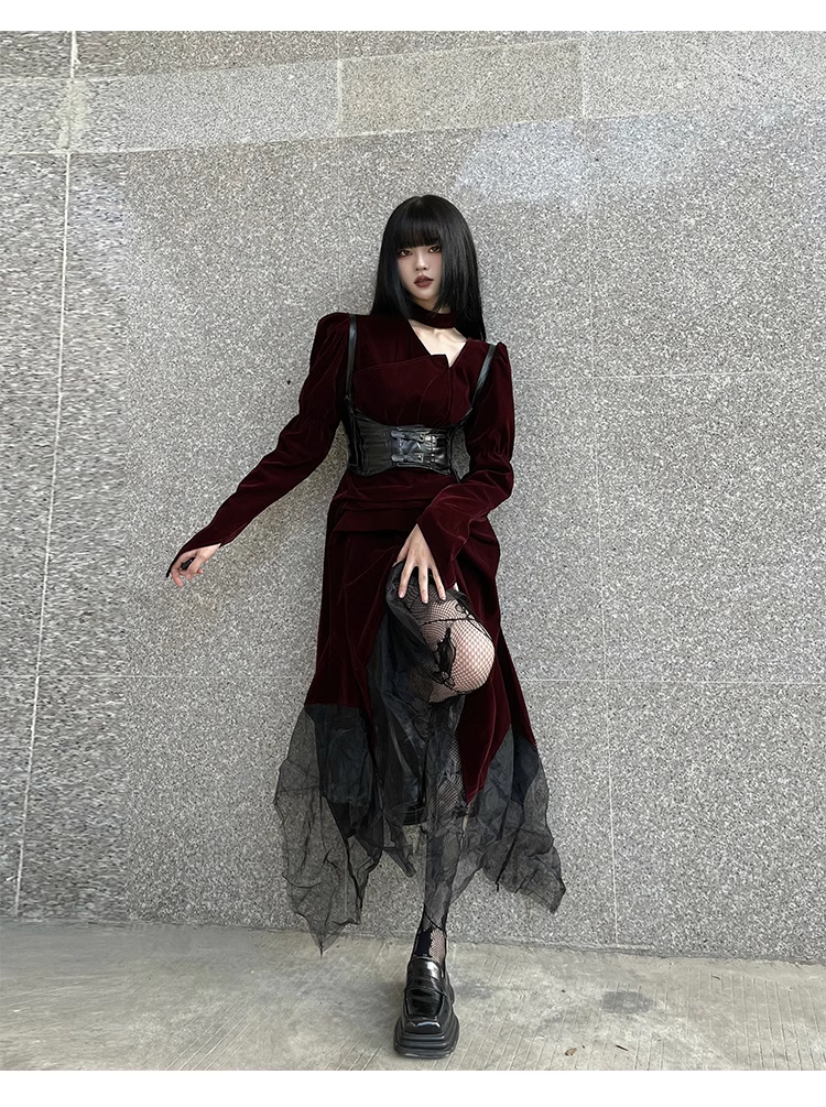 Elegant Fashion Red Velvet Irregular Dress Edge Design Gothic style party High-waisted Long-sleeved Dress TP2915