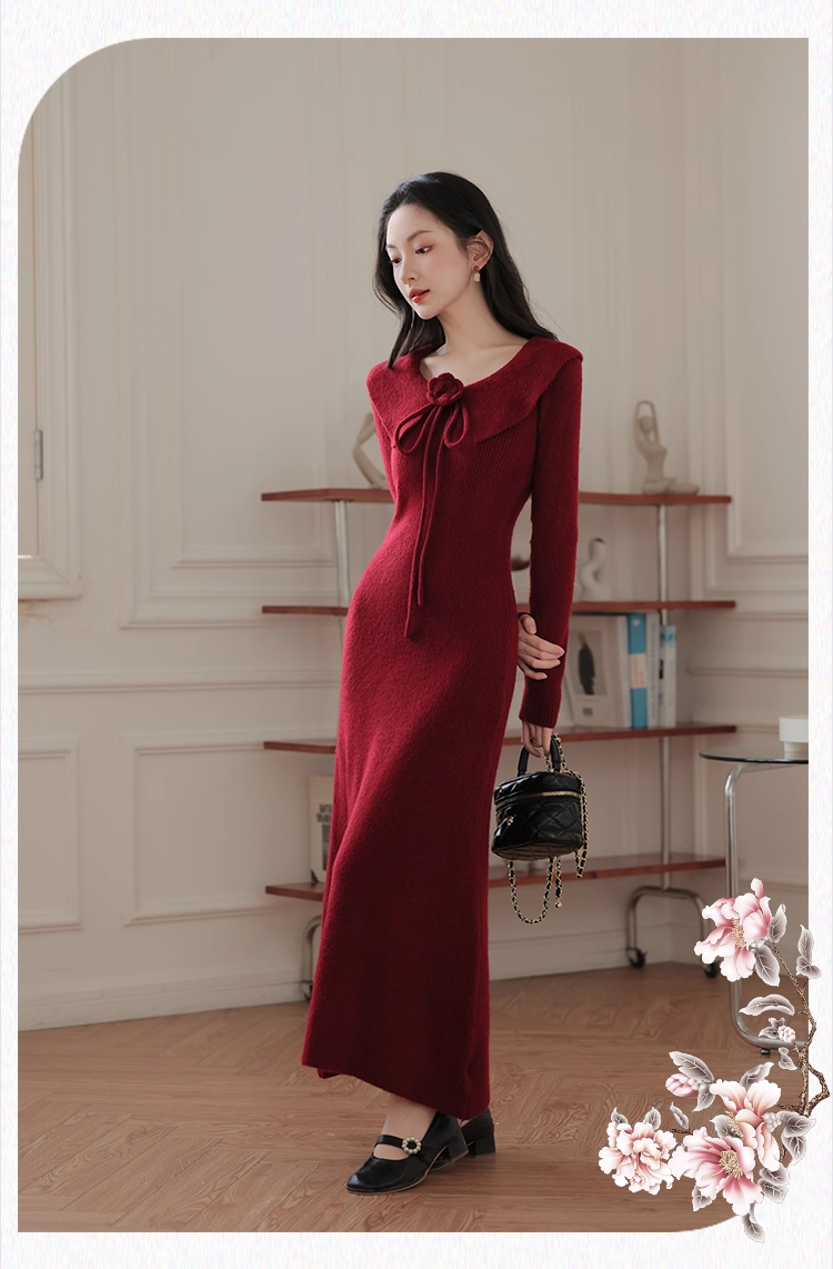 Vintage Burgundy Sheath Prom Dress Long-sleeve Evening Dress Knit Long Formal Dress TP4729