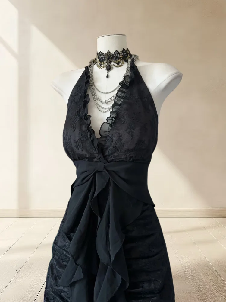 Vintage Black Halter-neck Lace Evening Gown A-Line Party Dress Long Formal Dress TP4895