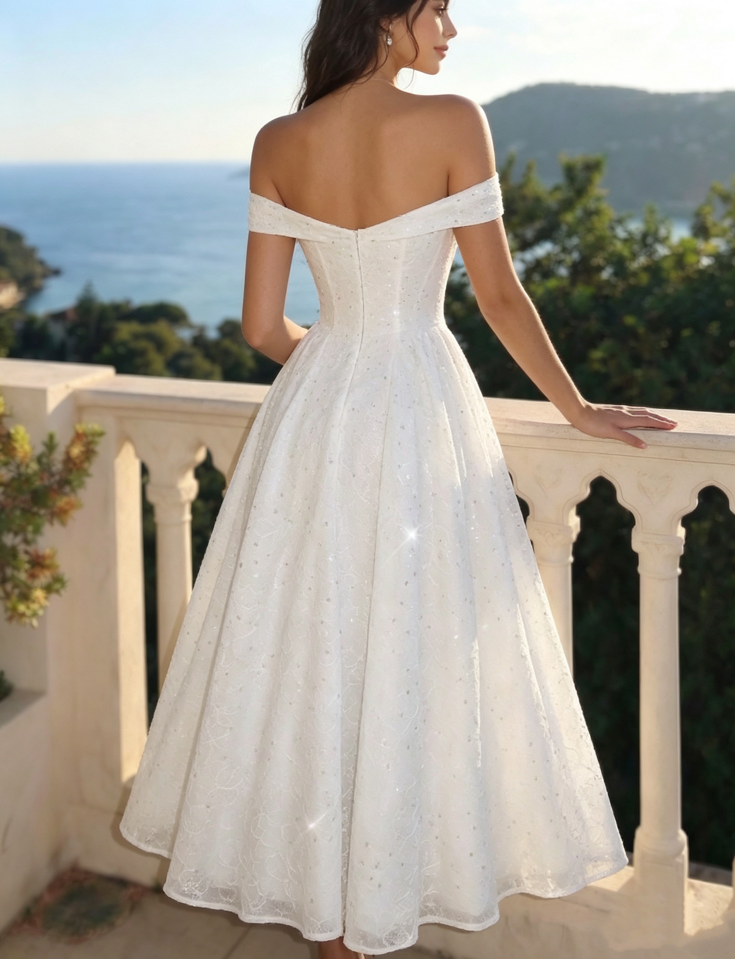 Romantic Off-the-Shoulder Sparkle Lace Tea Length A-Line Wedding Dress TP5984