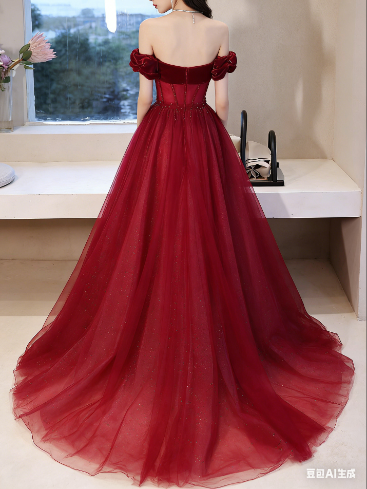 Vintage Burgundy Off-the-Shoulder Glitter Tulle Sweetheart Ball Gown TP1579