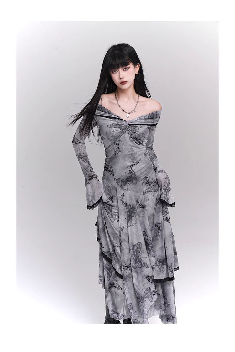 Fashion Butterfly Pattern Gothic Style Bell Sleeve Design Long-sleeved Dress TP2933