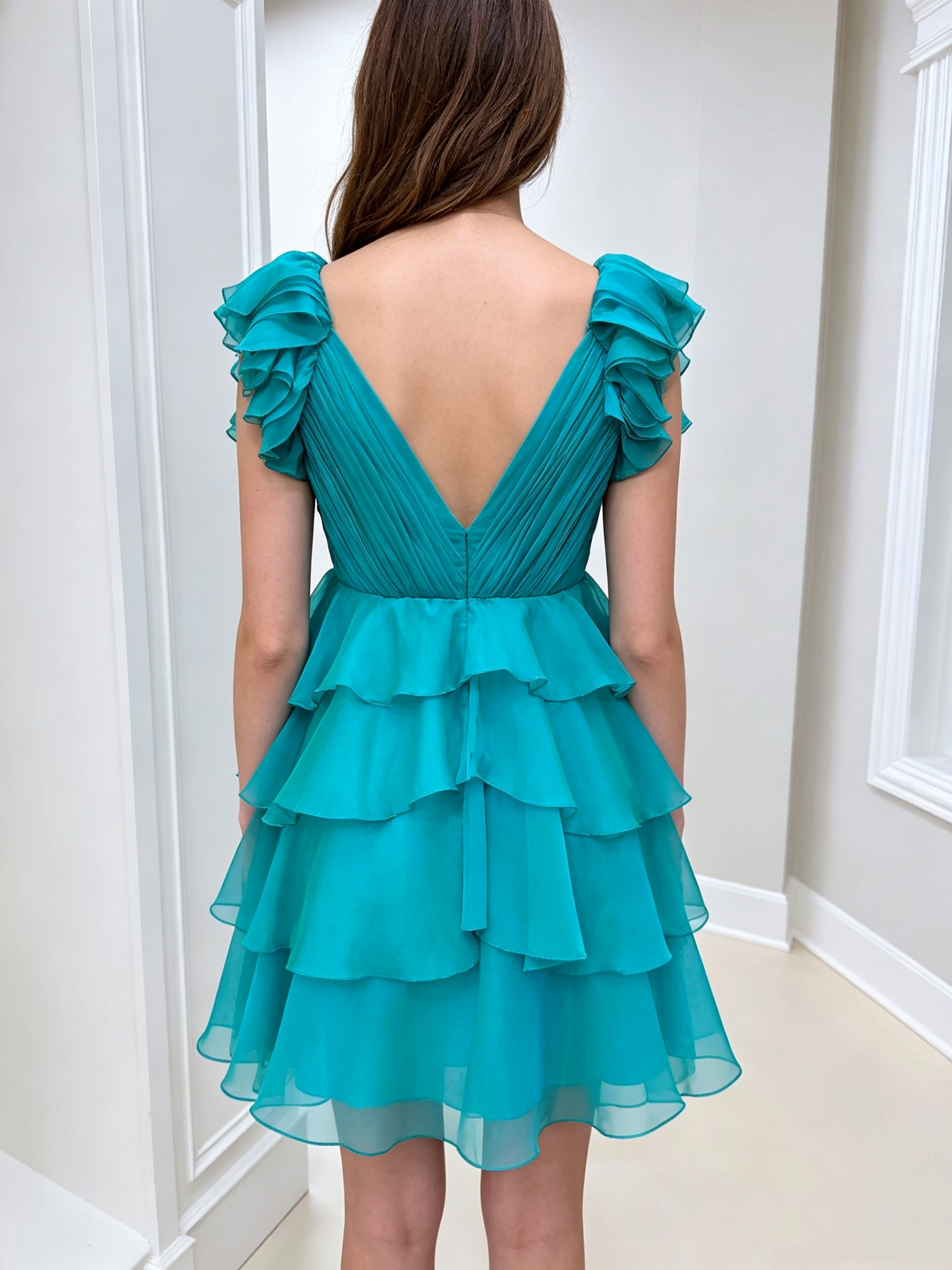 Vintage Turquoise V-Neck Ruffled Chiffon Tiered Cap Sleeve A-Line Homecoming Dress TP6000