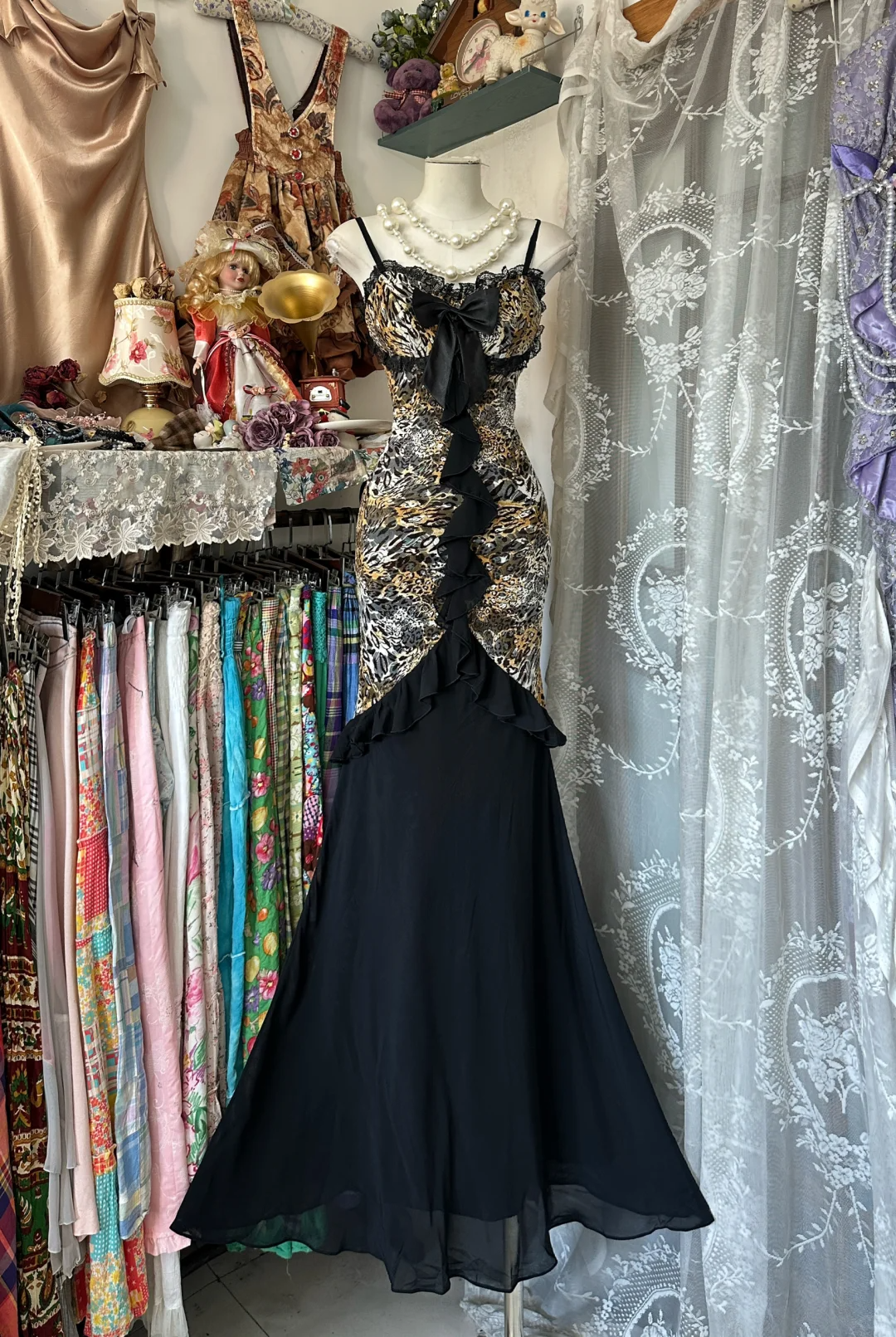 Vintage Leopard Print Sweetheart Design Mermaid Spaghetti Strap Prom Dress Evening Dress TP4207