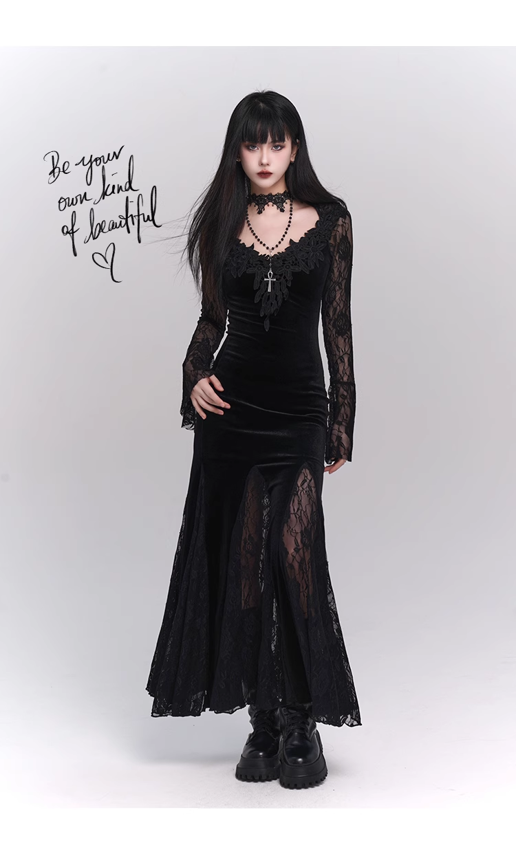 New Ladies Fashion Red Black Gothic Long-sleeved Dress TP2906