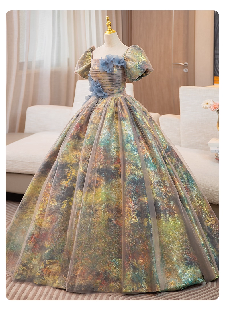 Vintage Court Retro Style Sweet 16 Quinceanera 3D Flowers Short-sleeved Evening Dress Long Ball Gown TP4945