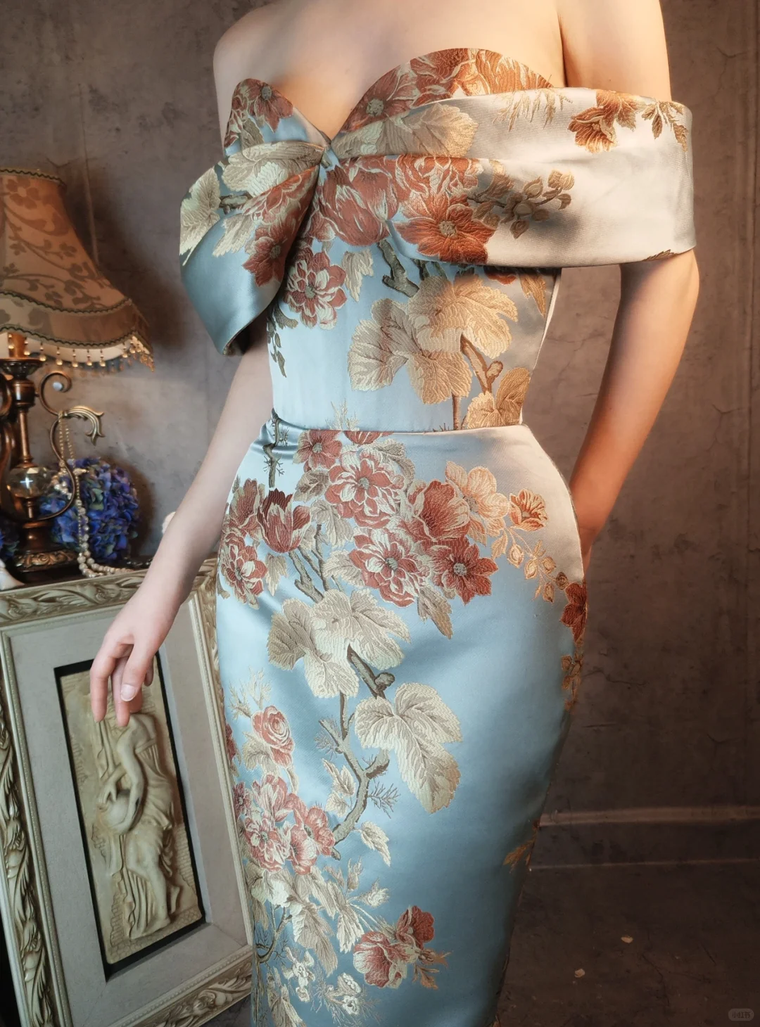 Vintage Floral Off-the-shoulder Sweetheart Design Elegant Satin Evening Dress Prom Dress TP4031