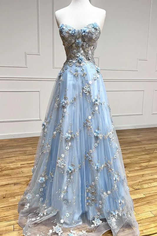 Vintage Light Blue Sweetheart Applique Strapless Design A-Line Evening Dress Prom Dress TP4128
