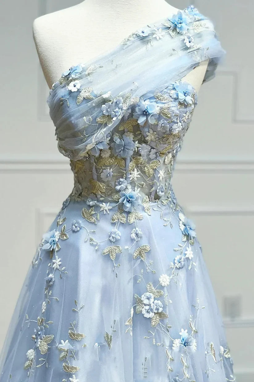 Vintage Light Blue Sweetheart Applique Strapless Design A-Line Evening Dress Prom Dress TP4128