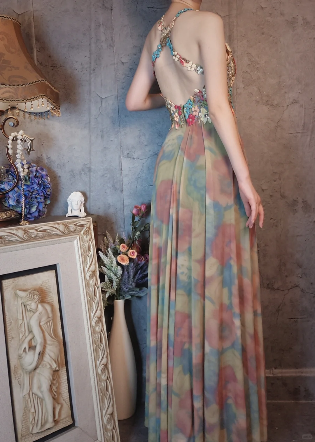 Vintage Floral Backless Design Elegant Chiffon Evening Dress Prom Dress TP4030
