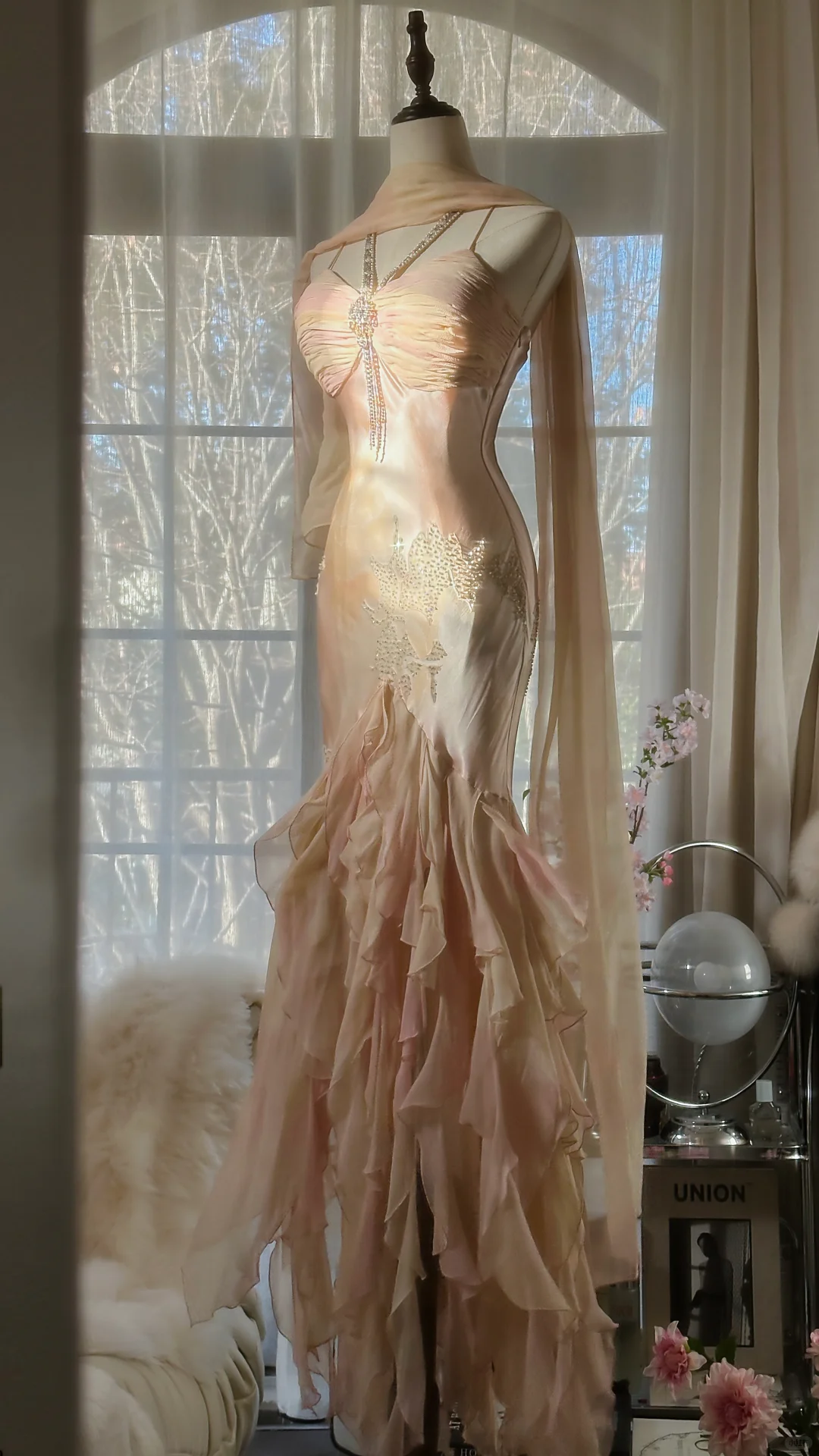 Vintage Mermaid Beaded Floral Design Romantic Chiffon Evening Dress Prom Dress TP4014