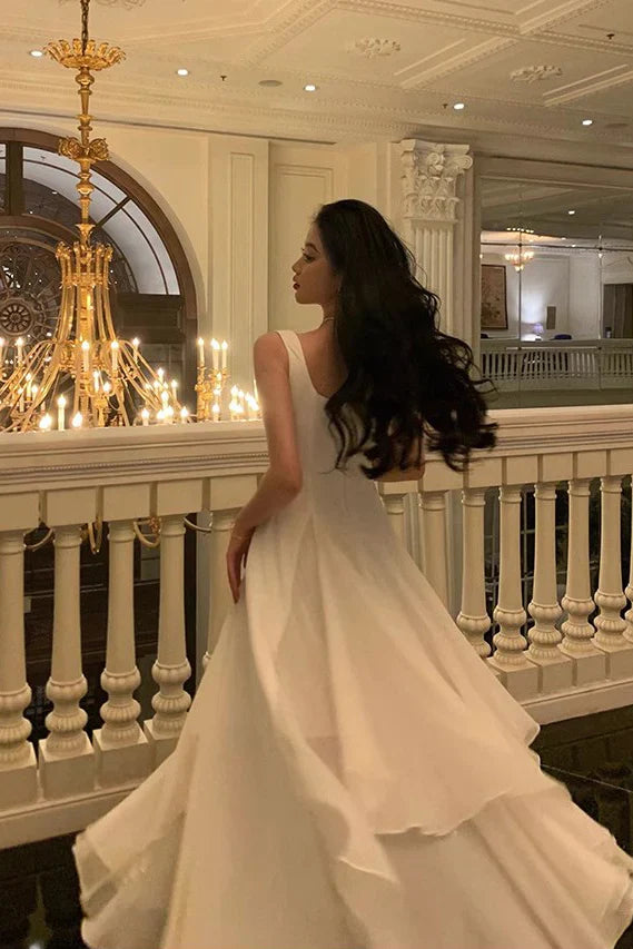 Vintage White Chiffon Long Prom Dress A-Line Ruffle Formal Dress TP4603