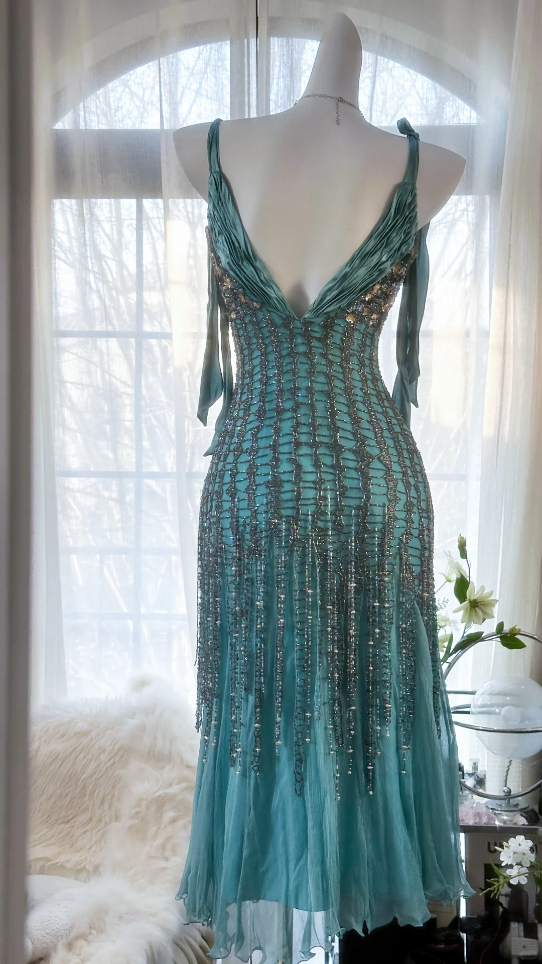 Elegant Blue Sparkling Beaded Spaghetti Strap V-neck Romantic Chiffon Evening Dress Prom Dresses TP3982