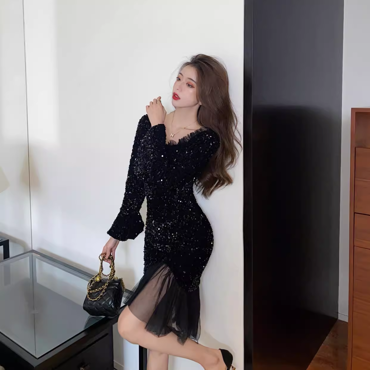 Vintage Elegant Sequins Design A-Line Square Neckline Mermaid Long-sleeved Dress TP3137