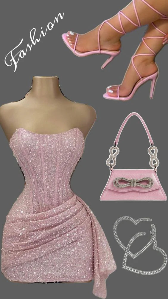 Cute Pink Shiny Sequin Strapless Bodycon Short Party Dress Cocktail Dress Homecoming Dress TP4369