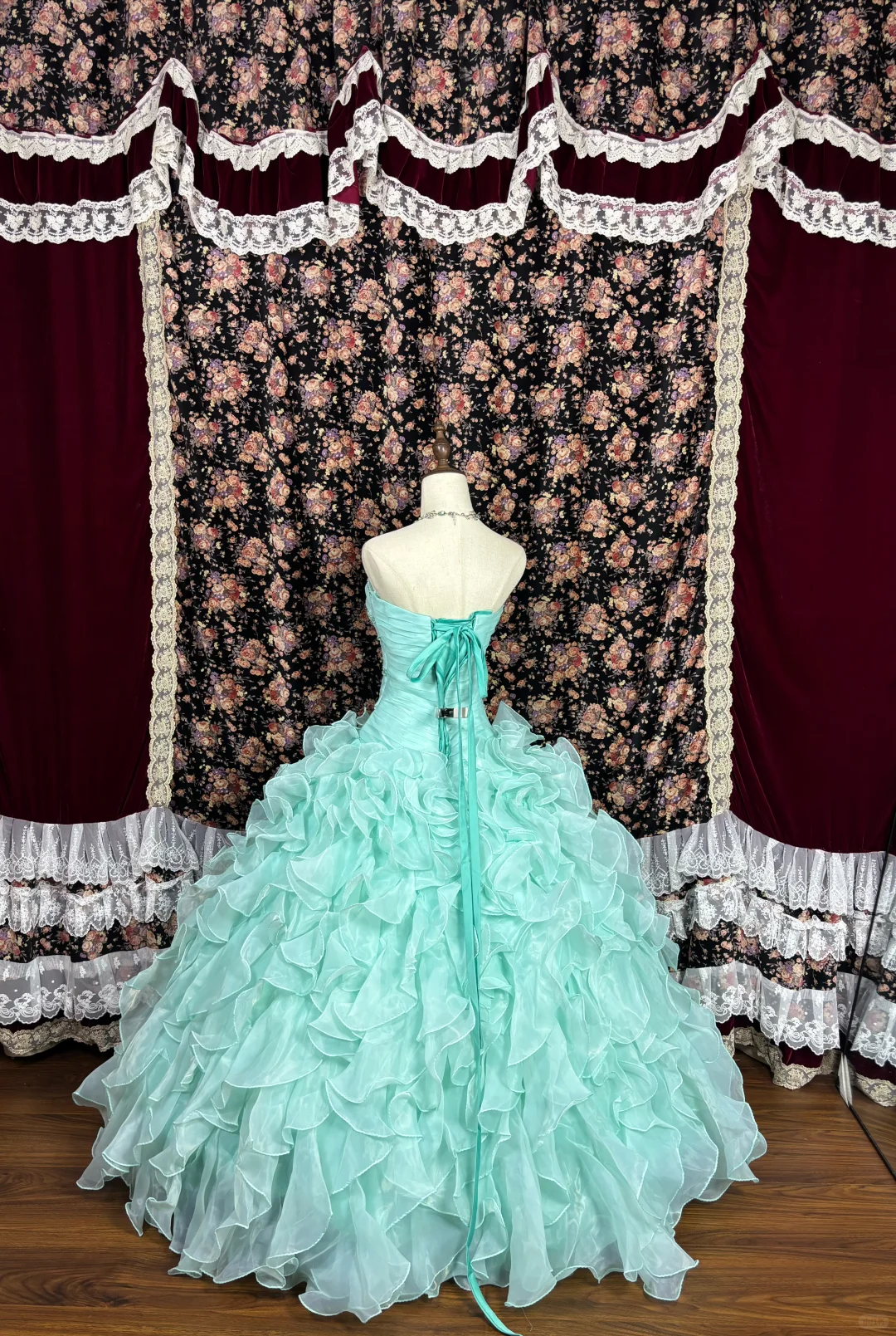 Vintage Blue-green Tulle Beaded Strapless Quinceanera A-Line Evening Dress Prom Dress Ball Gown TP4263