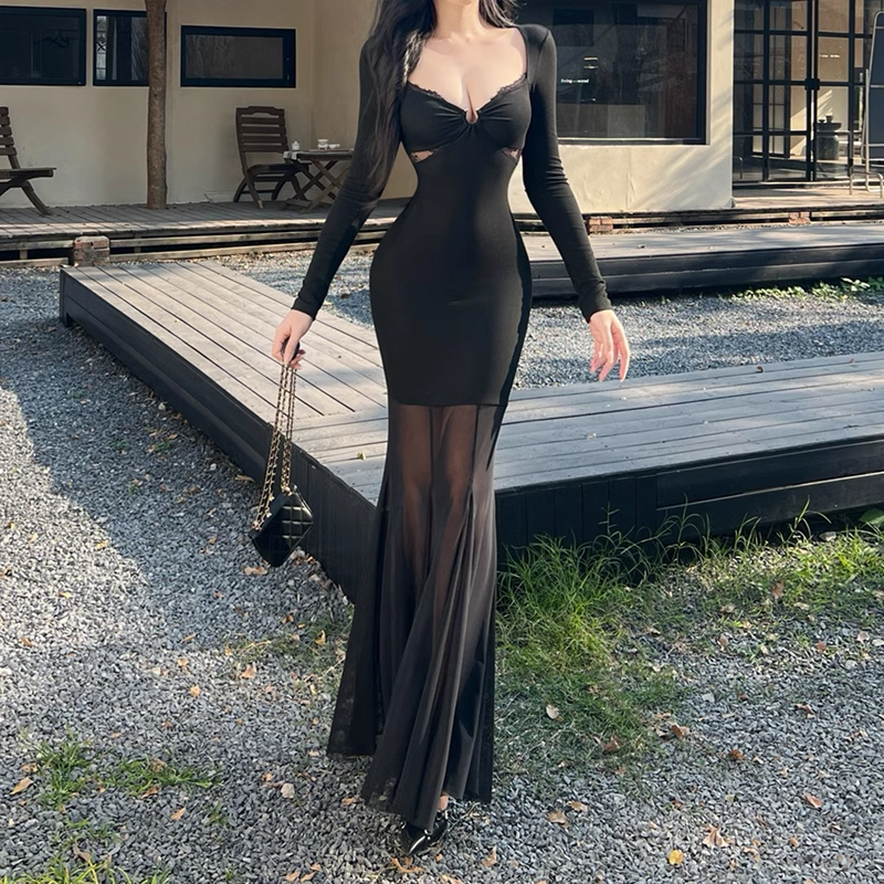 Women Simple Elegant Black Mesh Long-sleeved Dress TP2904