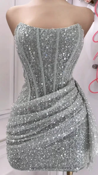 Chic Shiny Pink Sequin Homecoming Dress Strapless Party Dress Short Sheath Cocktail Dress TP4666