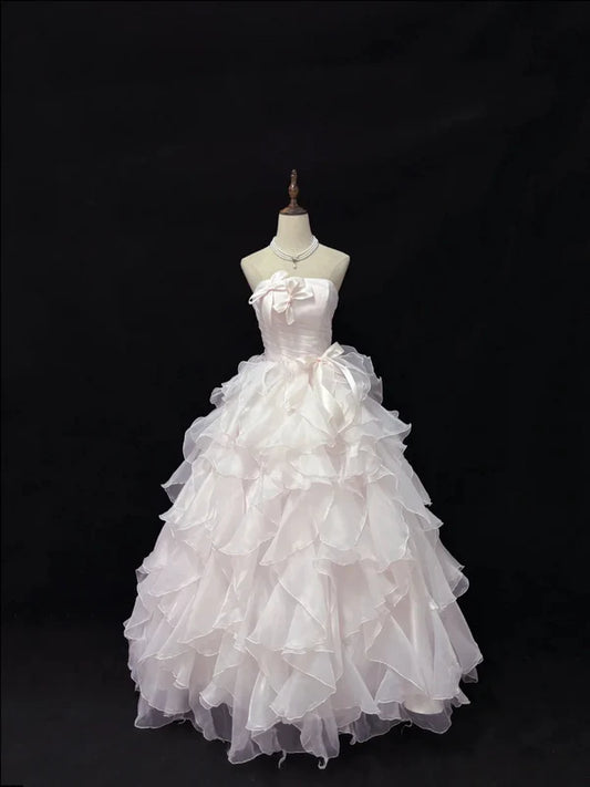 Vintage Light Pink Strapless Chiffon Sweet 16 Quinceanera A-Line Ruffles Evening Dress Ball Gown TP4272