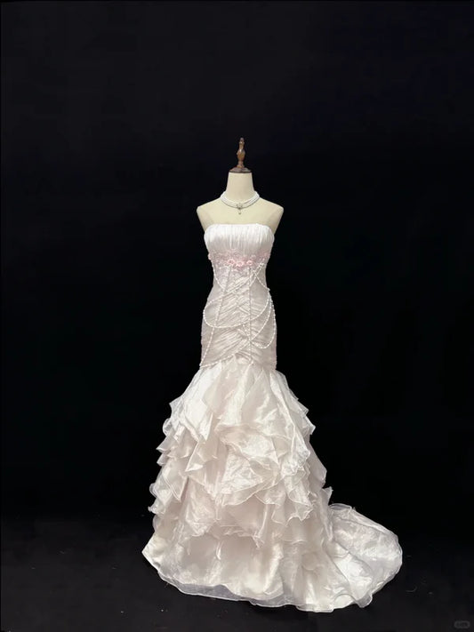 Elegant Light Pink Strapless Chiffon Sweet 16 Quinceanera Mermaid Evening Dress Ball Gown TP4280