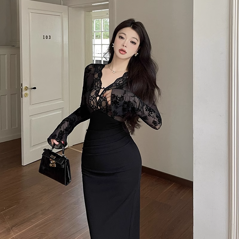 Women New Sexy Black Lace Long-sleeved Dress TP2897